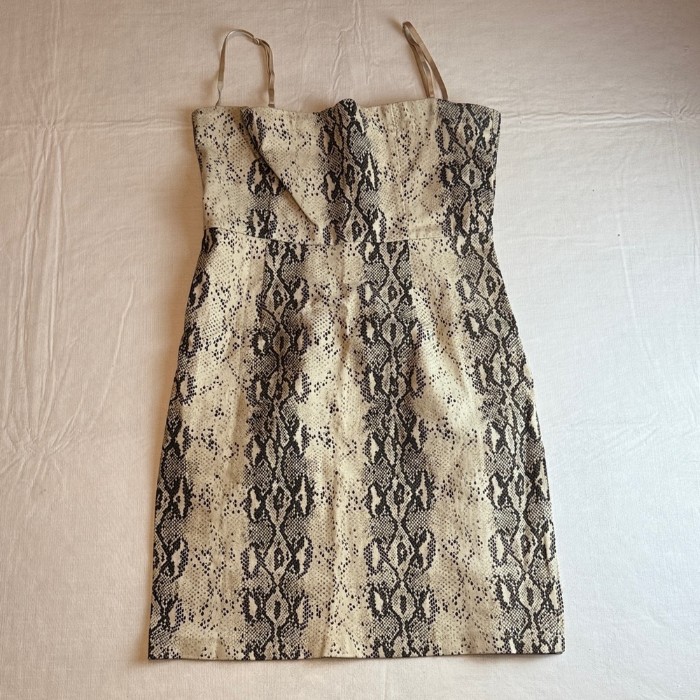 Lioness Women's Beige Black Snake Print Mini Dress Back Zip Side Slit Size S